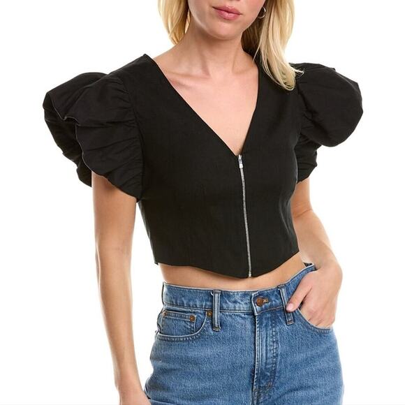 NWOT Derek Lam 10 Crosby Genna Puff Sleeve Front Zip Linen Blend Top Cropped - Picture 1 of 10